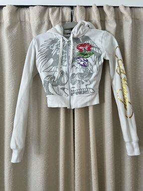 Ed Hardy White Cropped Zip Hoodie with Skull, Floral & Gold Script